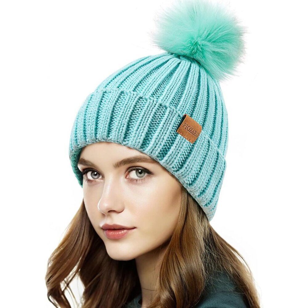 Women's Winter Light Green Beanie Fleece Lined Skull Faux Fur Pom Cuff Hat Cap